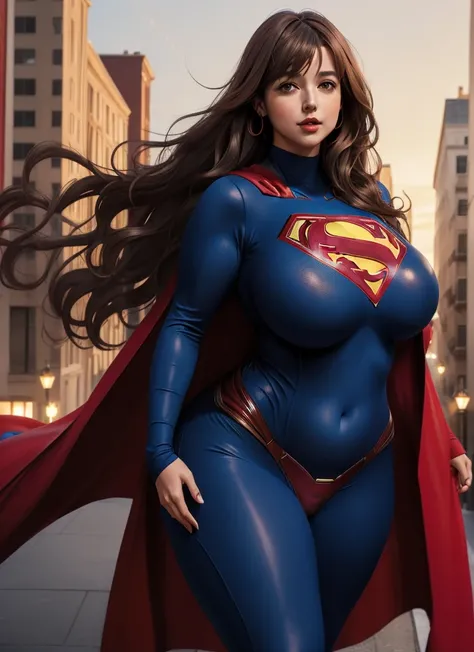 Supergirl, 27 years old, full body view Beautiful woman (((long wavy light brown hair, two side up with bangs))) defined body, voluptuous, sexy, cherry red lipstick, arms by her sides, hands free, mouth slightly open, standing facing camera ((( blue skinti...