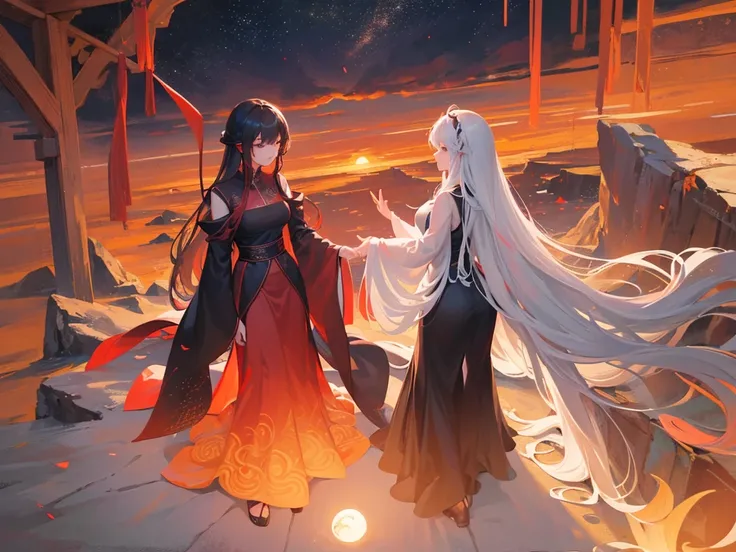 Two women, humble, beautiful, represent Yin and Yang, Tao, the gaze that transmits peace, sunrise and sunset, black and white, shadow and light, red on both their dresses, darkness and heaven, hand on hand, the sea and the sky