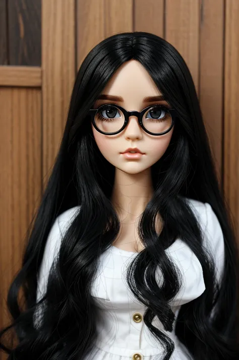 A blythedoll with long black hair, with bare forehead, with a nose piercing, big eyes wearing black glasses