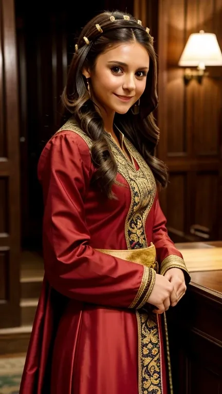 Nina Dobrev dressed in traditional 12th century clothing and smiling