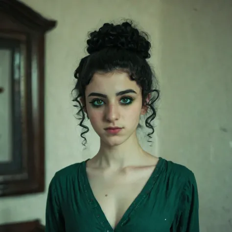 Black Curly bun black hair pale skin dark green eyes kurdish girl standing in room 