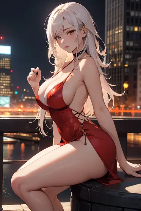 masterpiece, best quality, shadows, dynamic angle, front body orientation, perfect hands, perfect legs, perfect anatomy, pretty face, mature features, 1 girl, 21 years old, mature woman, sexy red dress, city night background, white long hair, thighs, ass, ...