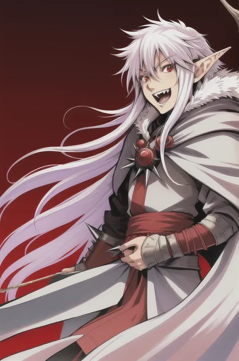 nomura tetsuya, masterpiece, best quality, 1boy, red eyes, white hair, tanned skin, spike hair, laughing, elf ear, sadic face, dark cloak, fantasy background, looking at viewer, mage, long hair, simple background, solo, 