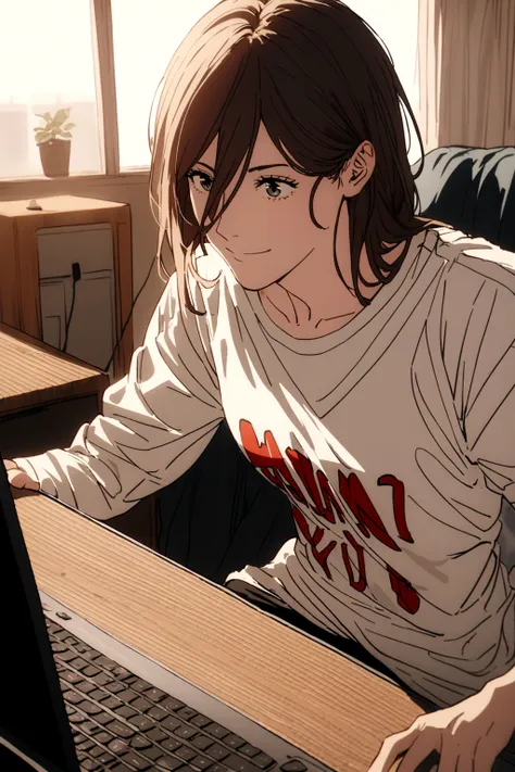 a power,playing on a pc,all happy to win you ,wearing a shirt written, harl.