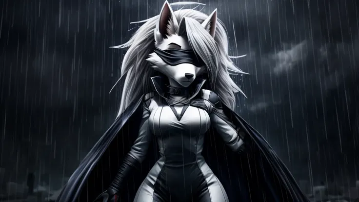 Loona from Helluva Boss, female white wolf, anthro, short white hair, blindfold, white combat suit, white cape, standing, serious, raining, clear background, dark lighting, detailed, solo, beautiful, high quality, 4K