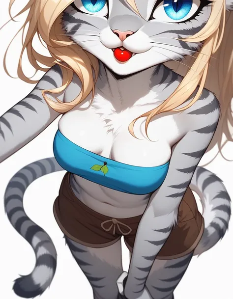 Solo, score_9,score_8_up,score_7_up, source_furry, (Kat, Anthro furry feline girl, adult female, blue eyes, blonde hair, (hair in a pony tail):1.3, eyes half closed, silver fur, grey stripes, tail), wearing blue bandeau, brown shorts, standing, (a cherry i...