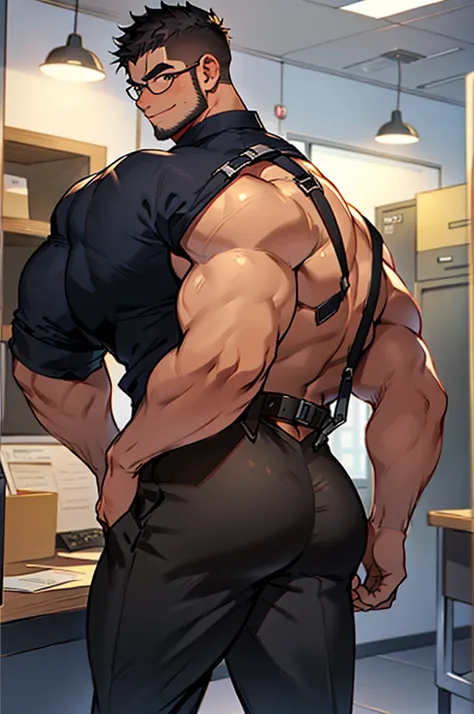 4k, masterpiece, high resolution:1.2, 1 man, solo, bara, muscular, big physique, crew cut hair, facial hair, chest, wide shoulder, biceps, thighs, triceps, butt, black hair, cute smile, friendly, standing in an office, wearing formal trousers, wearing form...