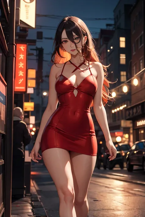 masterpiece, best quality, shadows, perfect hands, perfect legs, perfect anatomy, pretty face, mature features, 1 girl, 21 years old, mature woman, sexy red dress, city night background, white long hair, seductive, spicy, posing, cinematography lights,