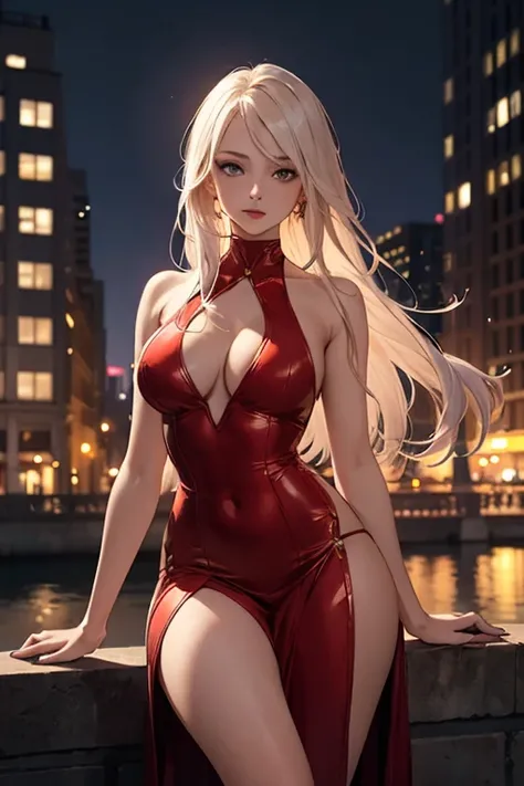 masterpiece, best quality, shadows, perfect hands, perfect legs, perfect anatomy, pretty face, mature features, 1 girl, 21 years old, mature woman, sexy red dress, city night background, white long hair, seductive, spicy, posing, cinematography lights,