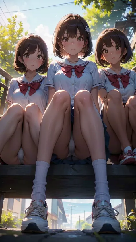 Three happy girls were sitting on the stone steps, Take a full body photo、Have fun and laugh、She was wearing a white blouse, バンズ sneakers, Red checked skirt、白いsneakers, Black Hair, detached houses, Flowers,Happy girl with round face, Big eyes, Long eyelash...