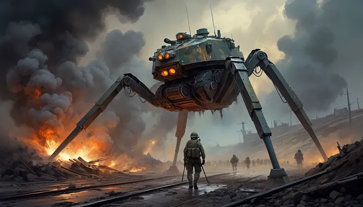 concept art, Clockworkspider tank walker from the First World War . Oil painting on trend, muted colors, slate tones, brush strokes, puffy marks, hydraulics, sharp areas next to smooth areas, dark next to light, soft next to hard, explosion of colorful pai...