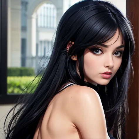 anime girl with long black hair and blue eyes. staring at the camera, she has black hair with bangs, 1 7 - year - gothic, with black hair, black hair and blue eyes., woman wearing a black turtleneck sweater, sensual lips, raven black hair, beautiful anime,...