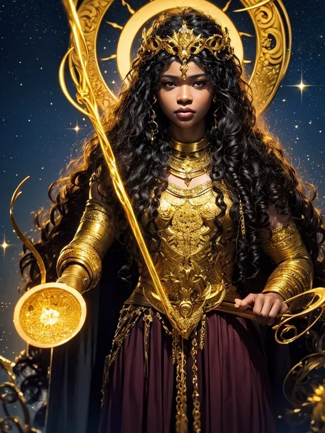 an Afro-descendant queen character with curly hair, wearing long dark clothes, personality would be, with golden crown on his head, wearing gold jewelry, starry sky all around and holding golden lights