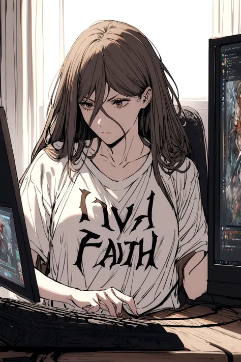 a power,playing on a pc,all faith.,wearing a shirt written, harl.