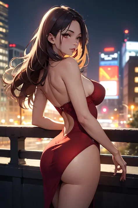 masterpiece, best quality, shadows, dynamic angle, front view, perfect hands, perfect legs, perfect anatomy, pretty face, mature features, 1 girl, 21 years old, mature woman, sexy red dress, city night background, white long hair, thighs, ass, breast, sedu...