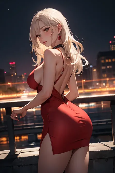 masterpiece, best quality, shadows, dynamic angle, front view, perfect hands, perfect legs, perfect anatomy, pretty face, mature features, 1 girl, 21 years old, mature woman, sexy red dress, city night background, white long hair, thighs, ass, breast, sedu...