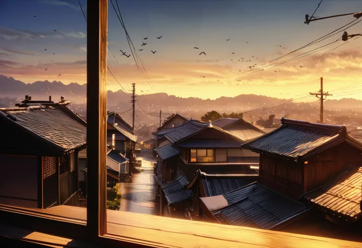 Early morning sky seen from traditional Japanese house window, power lines, birds chirping, serene atmosphere, soft lighting, detailed, photorealistic, high definition