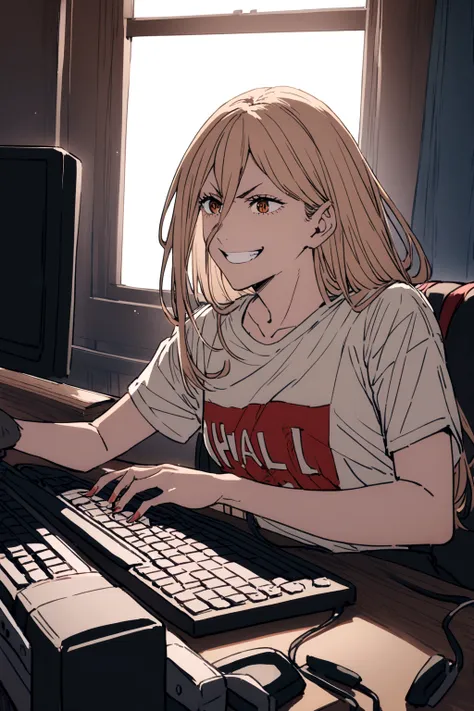 a power,playing on a pc,grinning.,wearing a shirt written, harl.