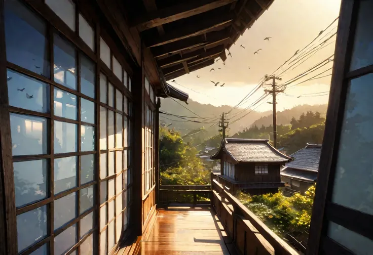 Early morning sky seen from traditional Japanese house window, power lines, birds chirping, serene atmosphere, soft lighting, detailed, photorealistic, high definition