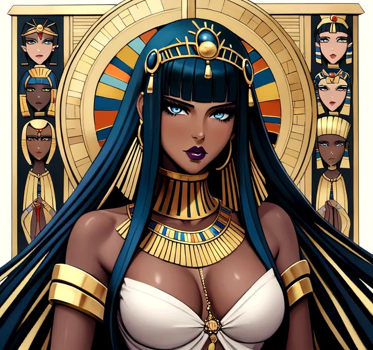 egyptian queen cleopatra, with classic crown, and luxurious Egyptian clothing, with jewelry. brown skin color, de corpo inteiro, wearing a period wig.  Egyptian makeup