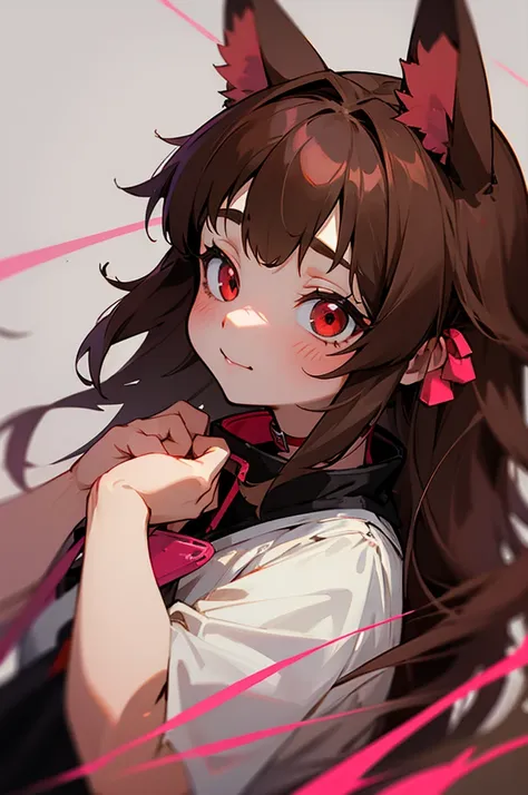 young furry cute little bunny girl with long messy brown hair, red eyes, wearing a black and red japanese , wearing a pink pet c...