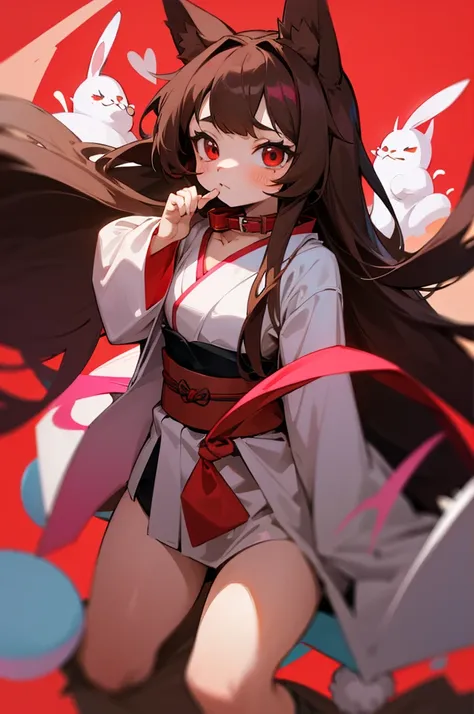 young furry cute little bunny girl with long messy brown hair, red eyes, wearing a black and red japanese , wearing a pink pet c...