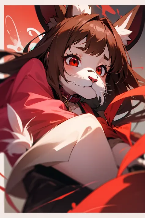 young furry cute little bunny girl with long messy brown hair, red eyes, wearing a black and red japanese , wearing a pink pet c...