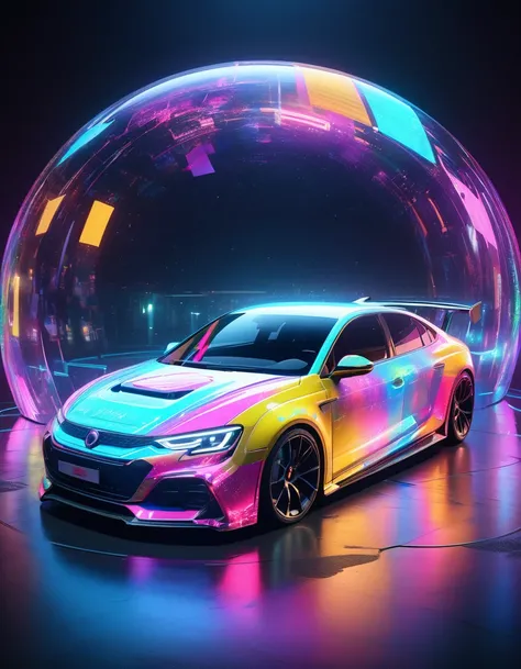 holography, draw in neon colors ((car)): car: ((floating)), transparent, Three dimensions, light, sf, digital art, Digital, scientific, dark background: electronic circuit: draw in neon colors, 3d, masterpiece, Digital space, energy, beautiful, masterpiece...