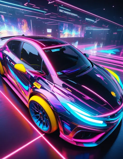 holography, draw in neon colors ((car)): car: ((floating)), transparent, Three dimensions, light, sf, digital art, Digital, scientific, dark background: electronic circuit: draw in neon colors, 3d, masterpiece, Digital space, energy, beautiful, masterpiece...