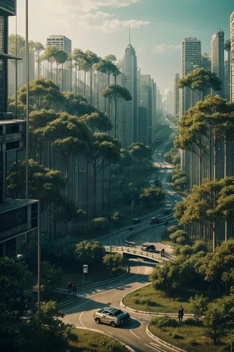 Poetic dystopian city mixed with forest with people