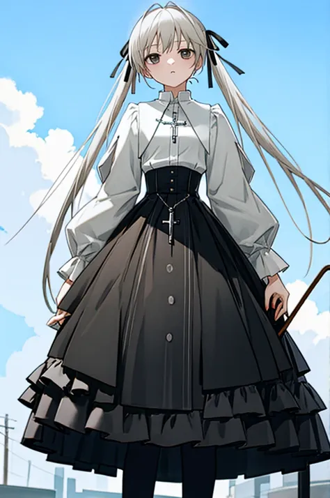 best quality, ultra-detailed, an extremely delicate and beautiful, high resolution, extremely detailed CG, masterpiece,
cowboy shot,
expressionless,
BREAK,
yosuga, kasugano sora, 1girl, solo, long hair, twintails,hair ribbon,brown eyes, white hair,black ey...