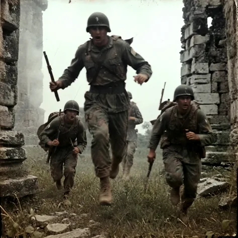 black and white grainy old 35mm, vintage footage, frightened USA-army soldiers wearing camo running from two giant-spartan soldiers among ancient ruins