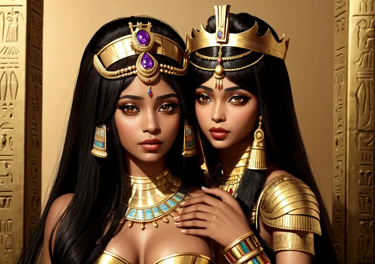 egyptian queen cleopatra, with classic crown, and luxurious Egyptian clothing, with jewelry. brown skin color, de corpo inteiro, wearing a period wig. Egyptian makeup
