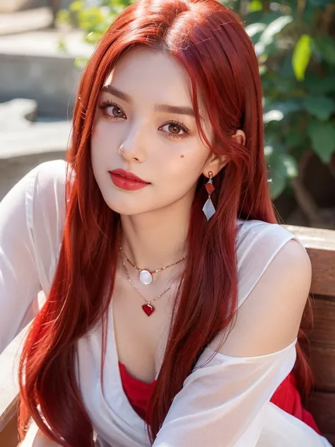 1girl, alone, solitary, high quality, (best quality,4k,8k,highres,masterpiece:1.2),ultra-detailed,(realistic,photorealistic,photo-realistic:1.37),gorgeous hair,red hair,red long straight hair with bangs,sharp eyes,mole on the cheek,plump lips,jewelry,(high...