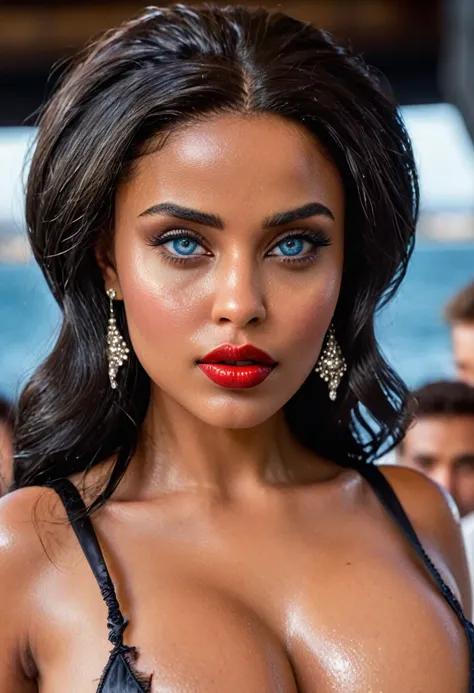 (muste piece, highest quality)((8k)),full body,super detailed,arab girl,wide eyebrow,black skin(elegance black dress ,full body) ,blue eyes red lips,,photorealistic,dark bronze shiny skin,beautiful female mode,dark skin Black woman in clothes from biblical...