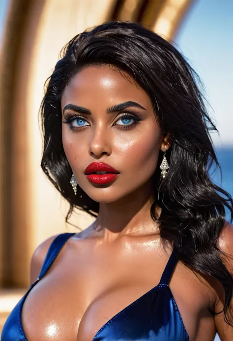 (muste piece, highest quality)((8k)),full body,super detailed,arab girl,wide eyebrow,black skin(elegance black dress ,full body) ,blue eyes red lips,,photorealistic,dark bronze shiny skin,beautiful female mode,dark skin Black woman in clothes from biblical...