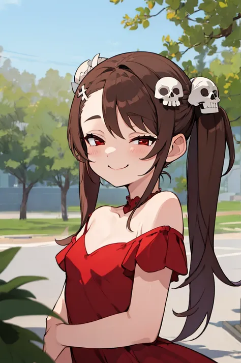 1girl, solo, henrietta (zankuro), skull hair ornament, twintails, red eyes, brown hair, long hair, small breasts, red dress, upp...