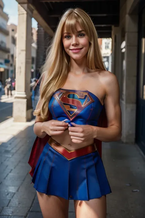 1 girl ((dressed as supergirl)), beautiful and realistic supermodel, (blue eyes), (she is smiling), perfect face, split lips, (b...