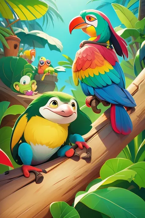 cartoon sloth with his friends parrot frog and toucan all in cartoon horizontal image