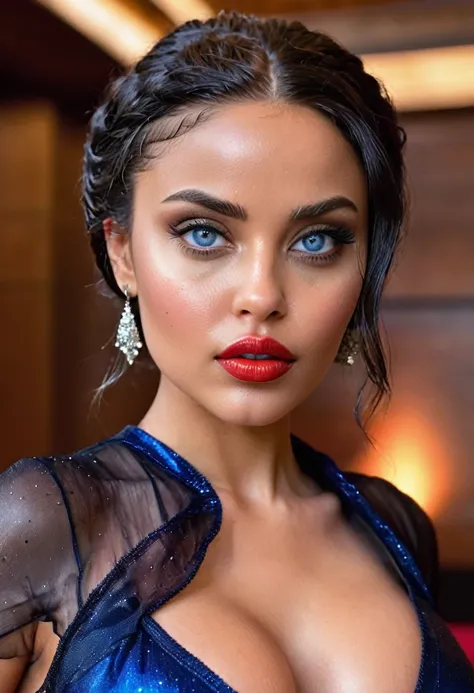 (muste piece, highest quality)((8k)),full body,super detailed,arab girl,wide eyebrow,black skin(elegance black dress ,full body) ,blue eyes red lips,,photorealistic,dark bronze shiny skin,beautiful female mode,dark skin Black woman in clothes from biblical...