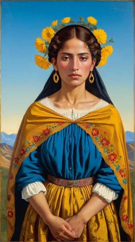 The portrait of a beautiful poorly dressed woman, as a 19th century Mexican peasant, with a blue background and golden earth and flying flowers, all in the style of Giovanni Bellini&#39;s painting and an oil painting on panel.