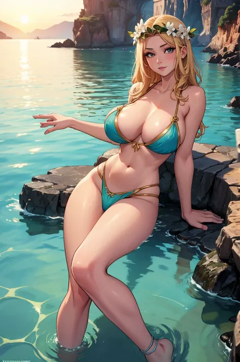 ultrarealistic, sexy, perfect body, woman in the sea, big breasts, at sunrise, happy, dressed like an ancient greek goddess