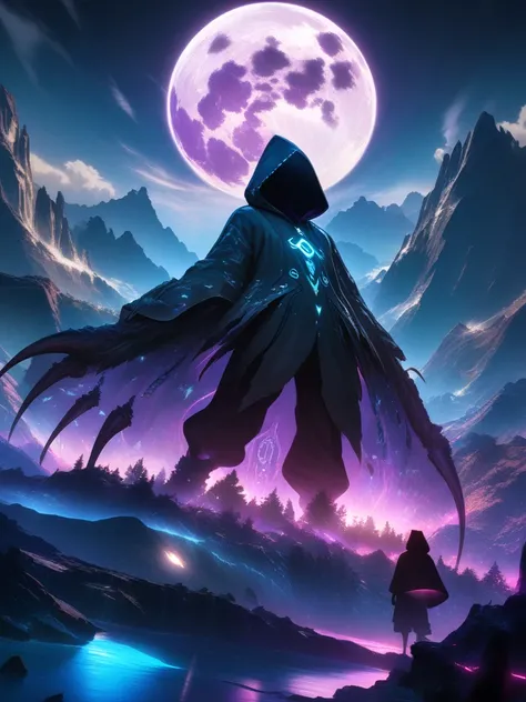 32k, best quality, ultra high res, HDR, UHD, extremely detailed CG, unity 32k wallpaper, Surreal landscape with moon glow, Features a hooded silhouette with faceless function. The silhouette is、Highlighted with glowing glyphs and symbols, It is accentuated...