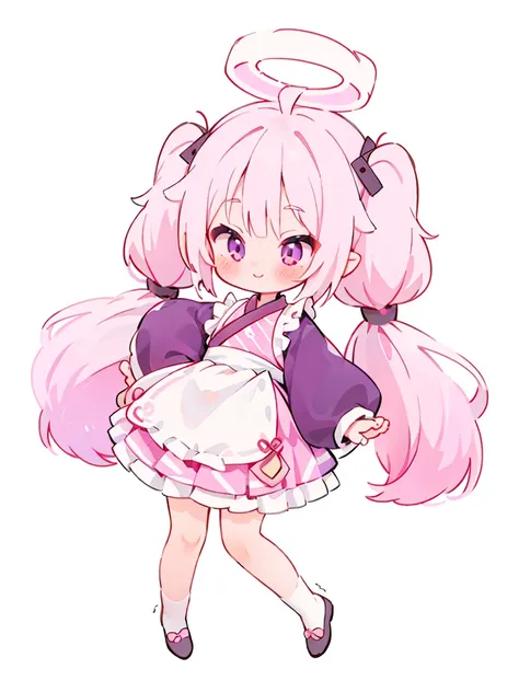 1girl pink hair pink eyes (long hair) (twin tails) wavy hair maid outfit puff sleeves long sleeves ribbon smile plush feet,pixel...