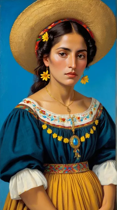 The portrait of a beautiful poorly dressed woman, as a 19th century Mexican peasant, with a blue background and golden earth and flying flowers, all in the style of Giovanni Bellini&#39;s painting and an oil painting on panel.