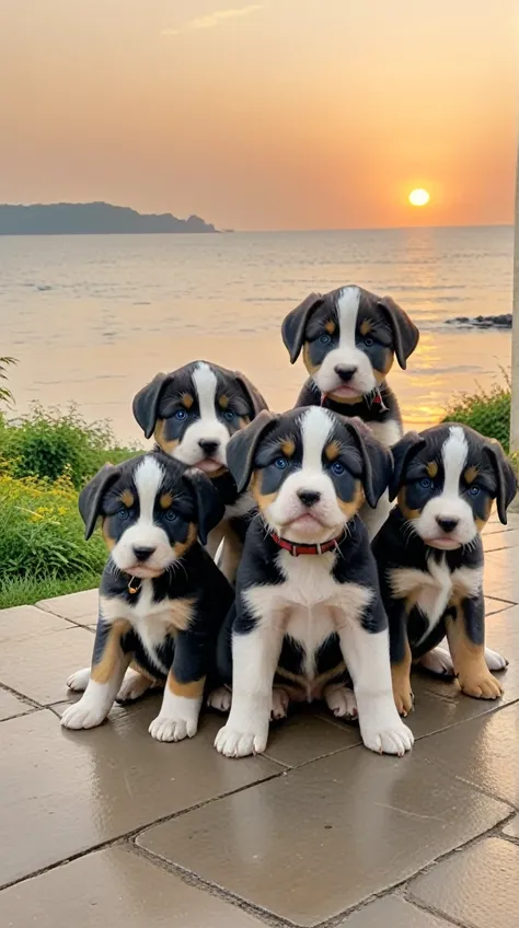 With the sunset in the background,(masterpiece:1.2, high quality), A few puppies、