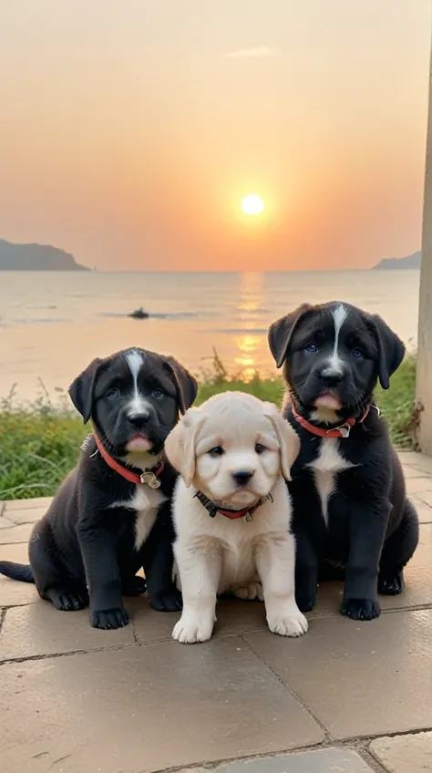 With the sunset in the background,(masterpiece:1.2, high quality), A few puppies、