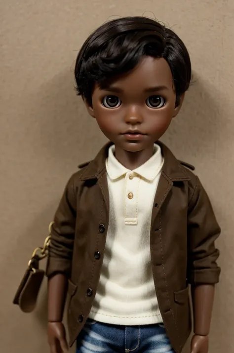 Make a boy blythe doll with dark skin, and brown baggy eyes, and dark hair