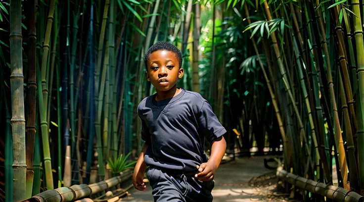 Image of a black teenager, 12 years old - wearing a dark gray long-sleeved shirt, short curly hair - long pants and straw sandals - looking sideways in the bamboo grove, running alone on the trail Image of two blue and black captain butterflies - butterfly...