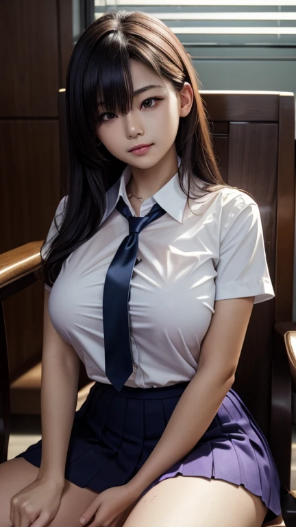 NSFW, open shirt, big breasts, (Mesa, Best Quality:1.2), 8k, 18 years, 85mm, Official Art, photo and gross, absurderes, White Dress Shirts, pretty face, close up, Upper part of the body, violacea, planter, beautiful girl, , cardigan、 (Navy blue pleated ski...